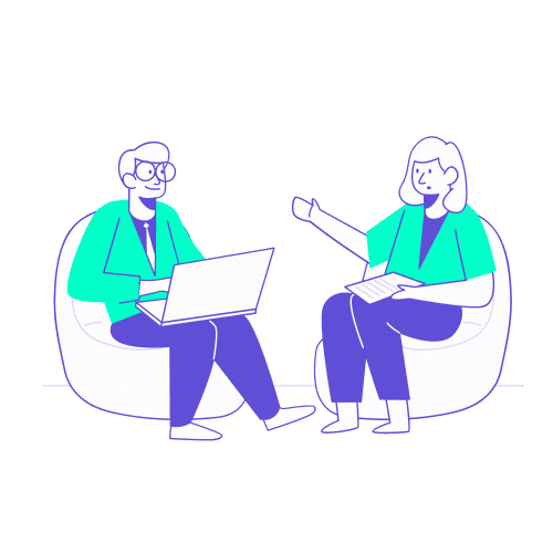 Illustration stylisée en turquoise et violet représentant deux professionnels installés dans des fauteuils confortables lors d'un entretien. L'un utilise un ordinateur portable tandis que l'autre commente des documents. Ce visuel illustre la phase de conduite de la consultation lors d'un appel d'offres : il symbolise les échanges directs avec les agences de la shortlist, les séances de questions-réponses et les démonstrations de l'outil de réservation (OBT) pour valider l'ergonomie et les fonctionnalités proposées.
