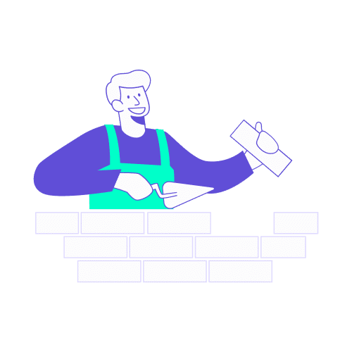 Illustration stylisée en turquoise et violet représentant un maçon souriant en train de bâtir un mur de briques à l'aide d'une truelle. Ce visuel symbolise les fondations d'une collaboration durable lors d'un appel d'offres pour une agence de voyages d'affaires : il illustre la volonté de construire une relation solide, structurée et transparente entre l'entreprise et son futur partenaire de mobilité.