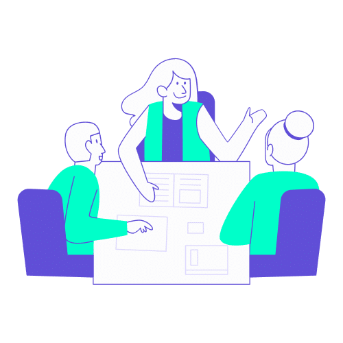 Illustration stylisée en turquoise et violet représentant trois professionnels réunis autour d'une table de réunion, échangeant sur des documents ouverts. Ce visuel accompagne la méthodologie de construction d'une grille de pondération pour un appel d'offres. Il symbolise le travail collaboratif nécessaire pour attribuer un poids juste à chaque critère (prix, qualité de service, technologie, RSE), garantissant une évaluation objective et équilibrée des futures propositions des agences de voyages.