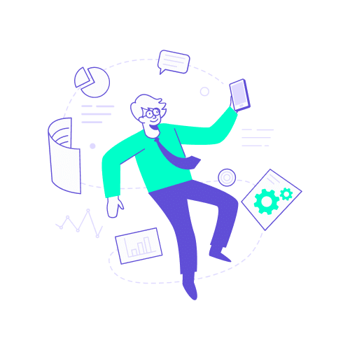 Illustration stylisée en turquoise et violet représentant un professionnel en apesanteur, jonglant avec plusieurs éléments clés de son activité : un smartphone, un graphique circulaire, un document technique avec des engrenages et des bulles de discussion. Ce visuel illustre la complexité du périmètre à définir dans un appel d'offres pour une agence de voyages d'affaires. Il souligne la nécessité d'un cahier des charges exhaustif couvrant aussi bien les outils technologiques que le reporting financier, le support aux voyageurs et l'expertise conseil.