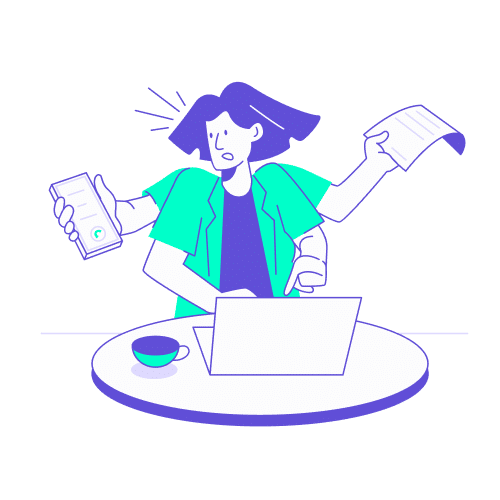 Illustration vectorielle d'une personne stressée multitâche avec plusieurs bras tenant un téléphone, un ordinateur et des documents, illustrant l'importance de l'assistance dans la gestion voyages d'affaires.