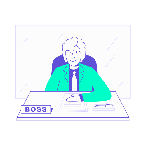 Illustration stylisée en turquoise et violet représentant un dirigeant assis derrière un bureau imposant. Une plaque nominative avec l'inscription "BOSS" est posée devant lui. Ce visuel illustre le débat classique sur les critères d'attribution de la classe affaires : faut-il privilégier le grade hiérarchique (le statut du voyageur) ou la durée de vol (le besoin physiologique de repos) ? Il souligne l'importance d'équilibrer équité interne, bien-être des collaborateurs et maîtrise des coûts.