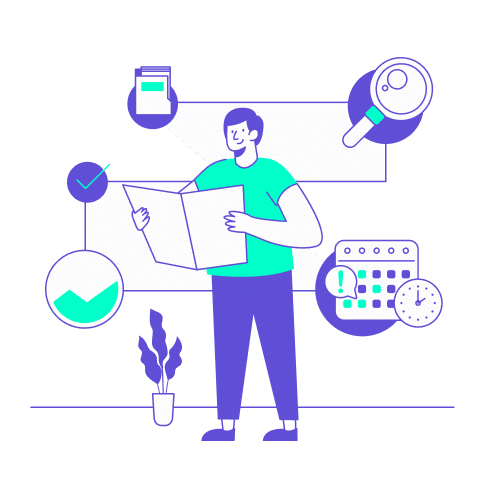 Illustration vectorielle d'un collaborateur serein utilisant des outils connectés (calendrier, loupe, graphiques), démontrant l'efficacité d'une bonne gestion voyages d'affaires.