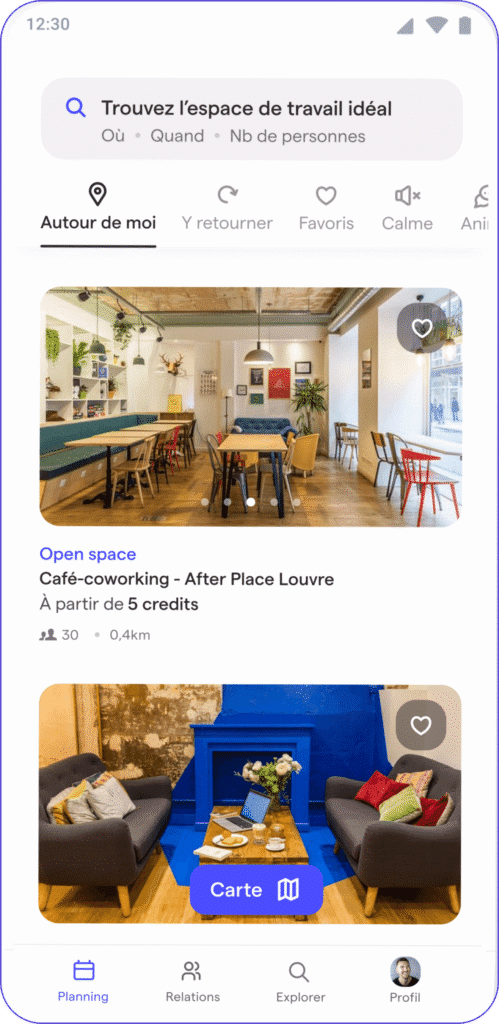 OfficeRiders Application OfficeRiders : réservation d'un espace de coworking à l'heure ou à la journée