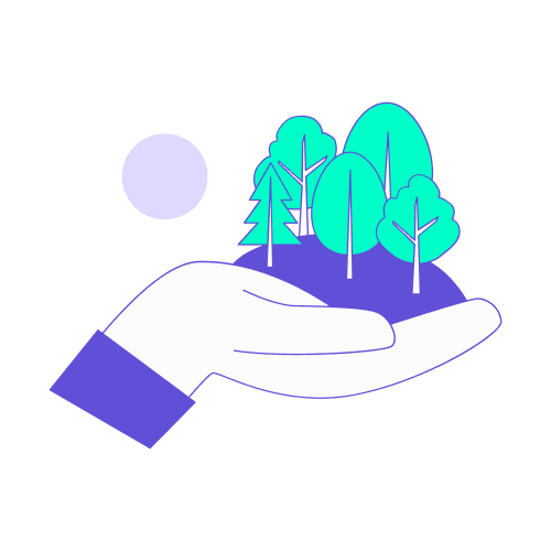 Illustration stylisée en turquoise et violet représentant une main ouverte portant délicatement une petite forêt d'arbres variés. Ce visuel symbolise l'impact écologique des voyages d'affaires : il illustre la réflexion sur le bilan carbone de l'entreprise, où le choix de la classe de voyage (la classe affaires occupant plus d'espace et pesant plus lourd qu'un siège économique) influence directement l'empreinte environnementale globale.