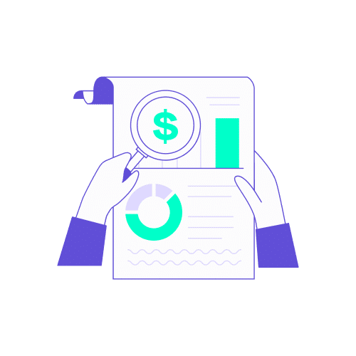Illustration vectorielle de mains tenant un rapport financier avec une loupe examinant un symbole de dollar, représentant le contrôle des notes de frais dans la gestion voyages d'affaires.