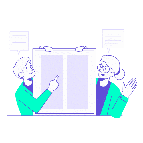 Une illustration vectorielle de deux personnes en train de discuter de la mise en page d'un document sur un grand panneau d'affichage.