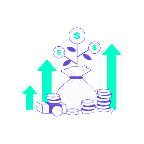 Illustration vectorielle montrant un sac d'argent, des pièces et des flèches de croissance, symbolisant l'analyse des coûts cachés et le budget de la gestion voyages d'affaires.