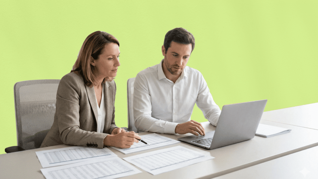 Photographie d'un homme et d'une femme en tenue professionnelle, assis côte à côte devant un ordinateur portable et de nombreux tableaux de données imprimés. Sur un fond vert clair uni, ils analysent avec concentration les propositions reçues. Cette image illustre la phase critique de comparaison des offres et de sélection finale d'une agence de voyages d'affaires.