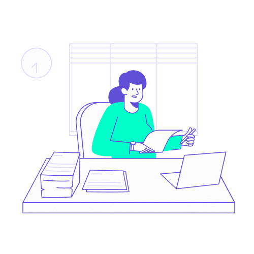 Illustration stylisée en turquoise et violet représentant une professionnelle assise à son bureau, examinant attentivement des documents contractuels. Sur son plan de travail se trouvent une pile de dossiers, une feuille isolée et un ordinateur portable. Ce visuel symbolise l'étape cruciale de la rédaction du cahier des charges : il illustre la nécessité d'intégrer des clauses précises et des engagements fermes (SLA, pénalités, conditions de résiliation) dès le début de l'appel d'offres pour sécuriser le futur contrat avec l'agence de voyages.
