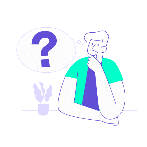 Illustration stylisée en turquoise et violet représentant un professionnel dans une posture de réflexion, la main sous le menton, devant une bulle de pensée contenant un grand point d'interrogation. Ce visuel introduit la foire aux questions (FAQ) dédiée au cahier des charges des agences de voyages. Il symbolise les interrogations légitimes des acheteurs et Travel Managers lors de la rédaction de leurs appels d'offres et leur besoin de réponses claires pour sécuriser leurs choix stratégiques.