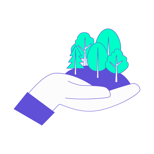 Illustration stylisée en turquoise et violet représentant une main ouverte portant délicatement une petite forêt d'arbres variés. Ce visuel symbolise l'intégration des exigences de Responsabilité Sociétale des Entreprises (RSE) dans un appel d'offres. Il illustre l'engagement de l'entreprise à sélectionner une agence de voyages capable de fournir un reporting carbone précis et de proposer des solutions de mobilité durable pour réduire l'empreinte environnementale des déplacements professionnels.