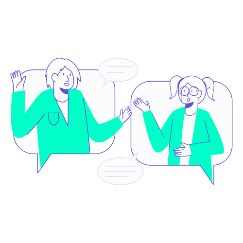 questions frequentes assurance voyage daffaires Illustration de deux professionnels discutant de leur assurance voyage d'affaires, représentés dans des bulles de dialogue pour une FAQ dédiée aux déplacements professionnels.