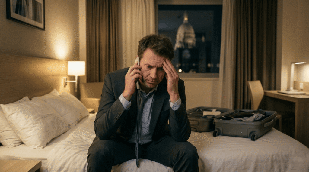 La souscription en un clic ce que lintegration native change Un homme en costume, l'air épuisé et stressé, téléphone dans une chambre d'hôtel avec sa valise ouverte à ses côtés, illustrant l'importance d'une assurance voyage d'affaires en cas d'imprévu. Il est assis sur le bord du lit, la main sur le front, dans une ambiance de fin de journée éprouvante.