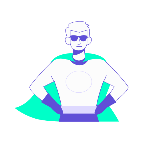 Illustration d'un personnage de super-héros en costume symbolisant la solidité et la sécurité financière de l'actionnaire d'une agence de voyage d'affaires à Paris.