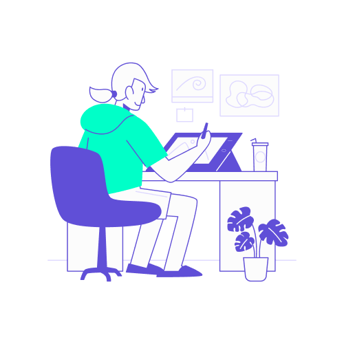 canva design outils digitaux office manager Illustration montrant un designer de dos travaillant avec un stylet sur une grande tablette graphique sur son bureau, à côté d'une plante verte.