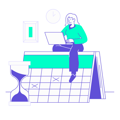 Illustration de style vectoriel montrant une femme assise en tailleur avec son ordinateur portable sur un calendrier géant, à côté d'un grand sablier violet.