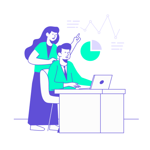 Une manager et un employé analysant ensemble des graphiques de performance et un diagramme circulaire sur un écran d'ordinateur pour piloter les validations de déplacements professionnels.