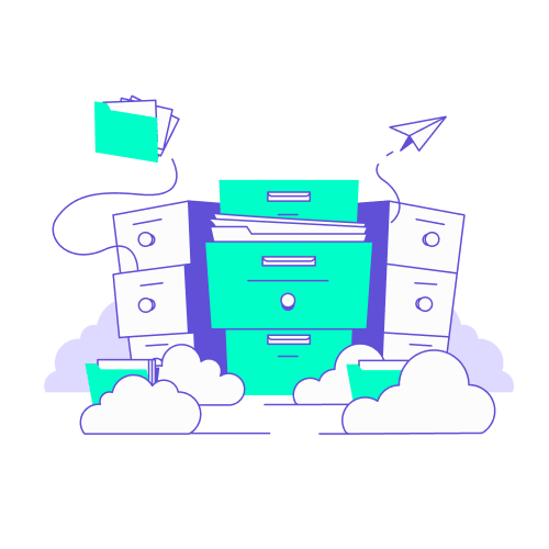 dropbox stockage outils digitaux office manager Illustration montrant une pile de meubles de classement de bureau turquoise et blancs entourés de nuages, évoquant le stockage cloud.