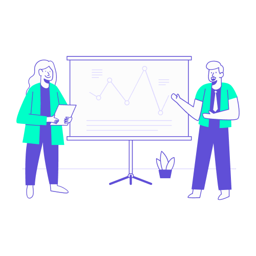 Illustration de style vectoriel montrant deux collaborateurs présentant un grand graphique de performance linéaire (KPI RSE) sur un tableau d'affichage à trépied.