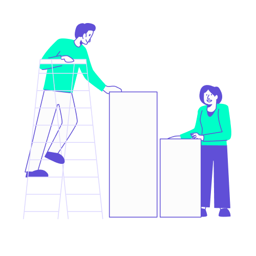 Deux collaborateurs ajustant des blocs de graphiques à barres, l'un étant monté sur un escabeau, illustrant l'action de mesurer, suivre et réduire l'impact environnemental grâce à un outil de gestion de voyage d'affaires.