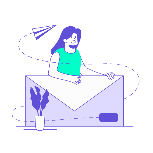 Illustration bicolore en violet et turquoise montrant une femme souriante émergeant d'une grande enveloppe postale, tandis qu'un avion en papier dessine une trajectoire pointillée autour d'elle pour symboliser la communication ou une foire aux questions.