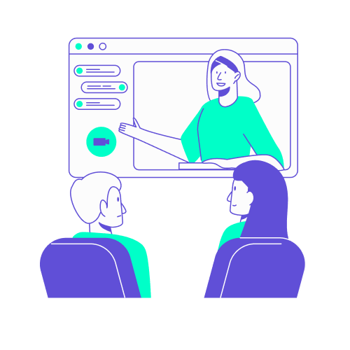 Illustration vectorielle d'une session de formation en visioconférence pour accompagner et améliorer le taux d'adoption outil de gestion de voyage d'affaires.