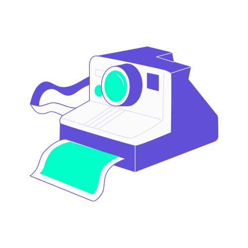 genius scan scanner outils digitaux office manager Illustration montrant un appareil photo instantané vintage violet et blanc (style polaroid) éjectant une photo turquoise.