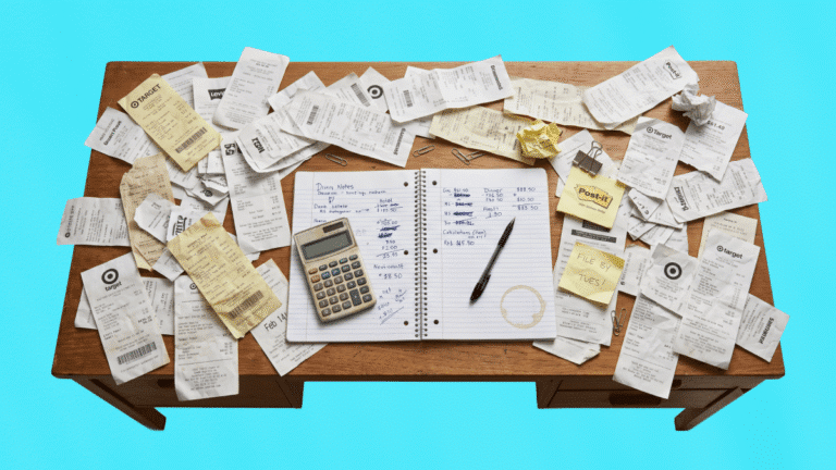 Photo d'une table encombrée de nombreux reçus fiscaux et notes de frais papier autour d'un carnet de comptabilité et d'une calculatrice, symbolisant un coût de déplacement non maîtrisé.