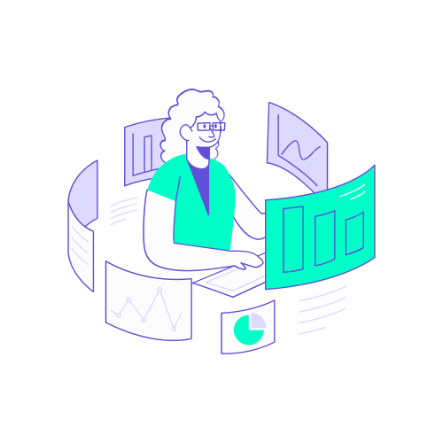 Illustration vectorielle d'une développeuse entourée d'écrans de données connectés, facilitant le taux d'adoption outil de gestion de voyage d'affaires.