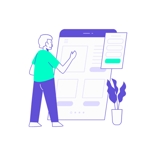 Illustration d'un utilisateur devant une application mobile permettant de centraliser et réserver tous ses déplacements professionnels (vols, hôtels, trains) au même endroit.