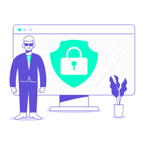 keeper securite outils digitaux office manager Illustration montrant un agent de sécurité en costume violet et lunettes de soleil devant un écran d'ordinateur affichant un grand bouclier turquoise avec un cadenas blanc.