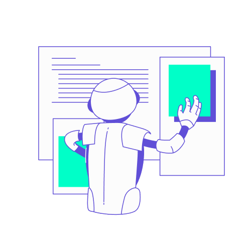 leexi compte rendu ia outils digitaux office manager Illustration montrant un robot assistant vu de dos, en train de trier et d'organiser des documents numériques turquoise sur un grand écran virtuel.