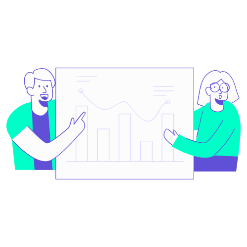 Illustration vectorielle de deux collaborateurs présentant un panneau avec un graphique à barres, mesurant le taux d'adoption outil de gestion de voyage d'affaires.