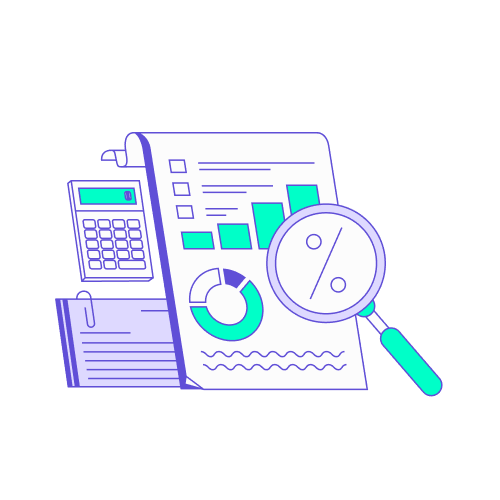 mesure statistiques cout deplacement non maitrise Illustration vectorielle d'une loupe analysant un rapport de performance avec un pourcentage, montrant comment corriger un coût de déplacement non maîtrisé.