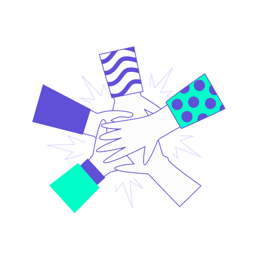 Illustration de style vectoriel montrant un empilement de quatre mains à motifs géométriques (lignes, pois) s'unissant en signe de collaboration d'équipe.