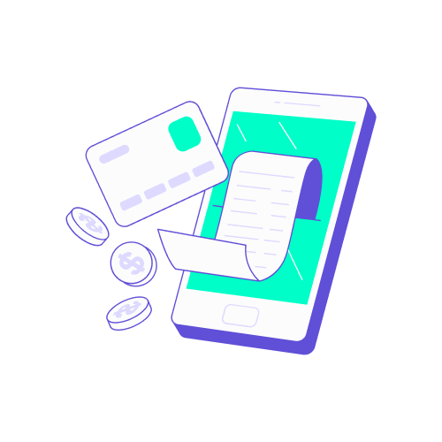 mooncard notes frais outils digitaux office manager Illustration montrant une carte de paiement bancaire et des pièces de monnaie flottant à côté d'un smartphone affichant un long reçu de paiement ou ticket de caisse imprimé.