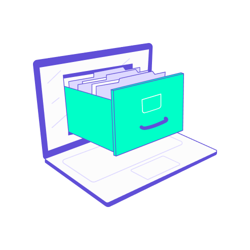notion hub travail outils digitaux office manager Illustration montrant un tiroir de classement turquoise rempli de dossiers suspendus qui sort directement de l'écran d'un ordinateur portable blanc.
