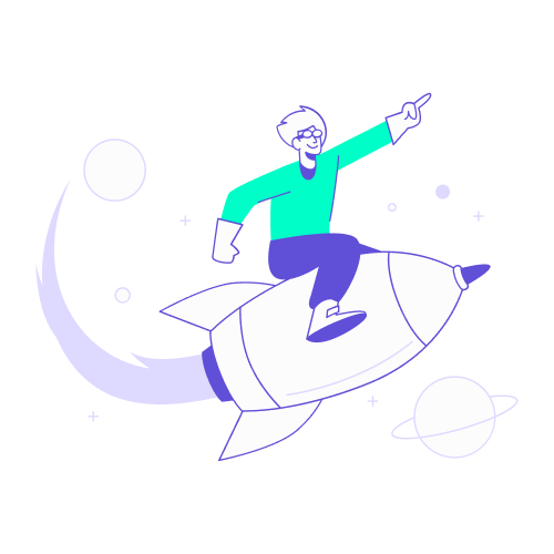 Illustration de style vectoriel montrant un personnage en haut turquoise qui chevauche joyeusement une fusée lancée dans l'espace, pointant le doigt vers l'avant.