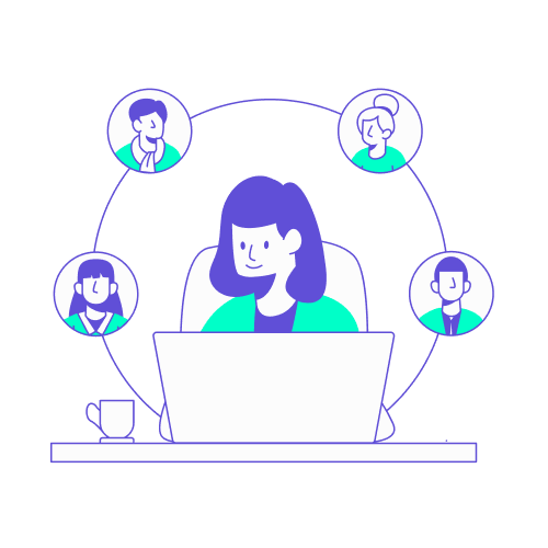 Illustration stylisée en violet et turquoise montrant une collaboratrice sur son ordinateur portable, connectée en réseau avec quatre autres membres de son équipe répartis dans des bulles de discussion.
