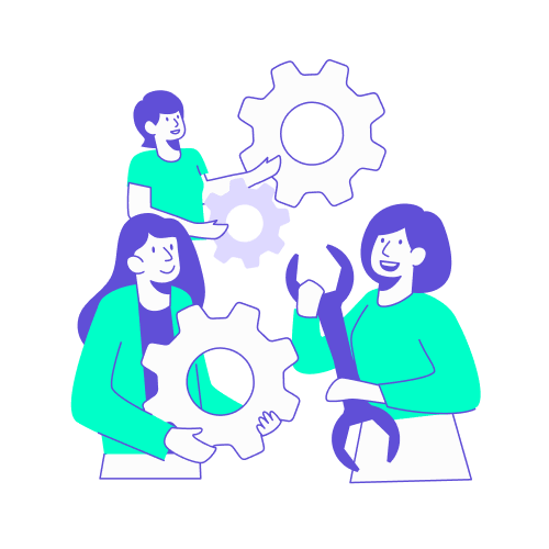 Illustration de style vectoriel montrant deux femmes collaborant pour assembler trois grands engrenages violets avec une clé à molette.