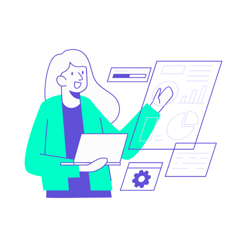Une professionnelle présentant des tableaux de bord digitaux avec des paramètres de configuration (icône d'engrenage) pour intégrer la politique de voyage de l'entreprise.