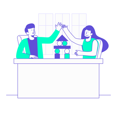 Illustration de style vectoriel montrant un homme et une femme assis à un bureau qui célèbrent leur réussite par un check de la main au-dessus d'une petite pyramide de blocs en bois.