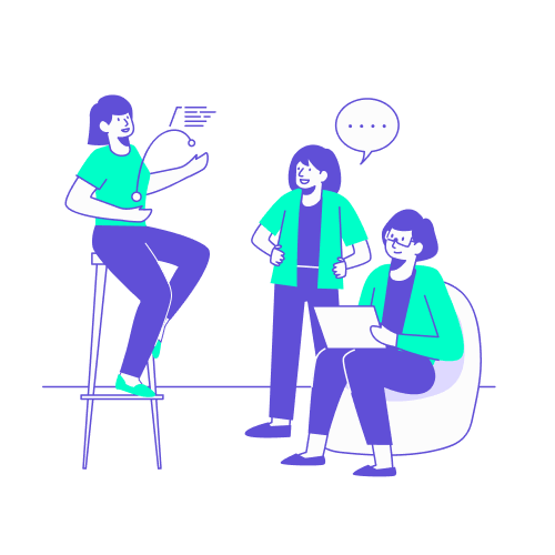 Illustration de style vectoriel montrant un groupe de trois collaborateurs assis en cercle, discutant activement et de manière collaborative autour de documents sur un bureau.