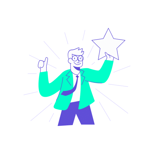 reussite objectifs outils digitaux office manager Illustration montrant un collaborateur souriant avec des lunettes et une cravate violette, faisant un pouce levé d'une main et tenant une grande étoile de la réussite de l'autre main, entouré de rayons lumineux.