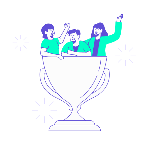 Illustration vectorielle de trois collaborateurs célébrant leur victoire dans un trophée géant, symbolisant la réussite du taux d'adoption outil de gestion de voyage d'affaires.
