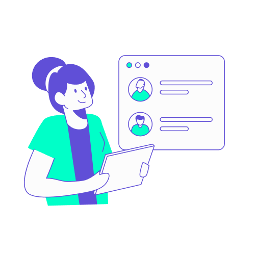 slack communication outils digitaux office manager Illustration montrant une femme avec un chignon consultant sa tablette, devant une fenêtre flottante affichant une liste de profils de messagerie d'équipe.