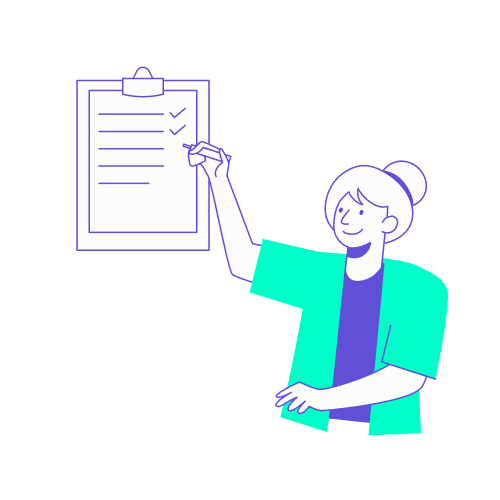 Illustration de style vectoriel montrant une femme souriante en haut turquoise qui coche avec un stylo des lignes validées sur un grand tableau de suivi fixé au mur.