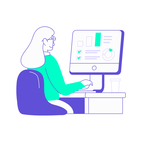 supertripper voyages outils digitaux office manager Illustration montrant une collaboratrice de profil assise à son bureau, analysant un tableau de bord de gestion sur son écran d'ordinateur avec des graphiques et des indicateurs de performance.