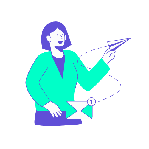 swisstransfer fichiers outils digitaux office manager Illustration montrant une femme souriante en haut turquoise lançant un avion en papier violet qui laisse une trajectoire en pointillés au-dessus d'une icône d'enveloppe de message.
